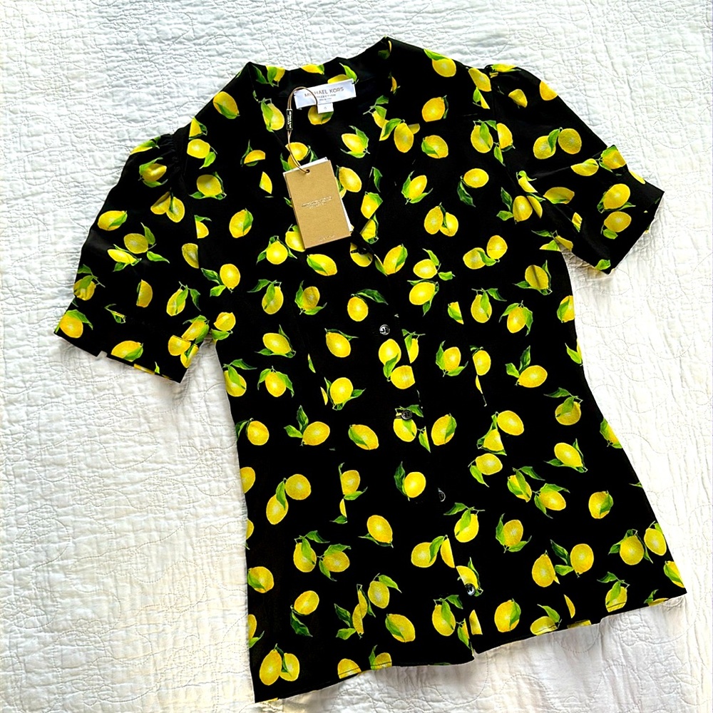 NWT 100%silk Michael Kors blouse, Black with Lemons
